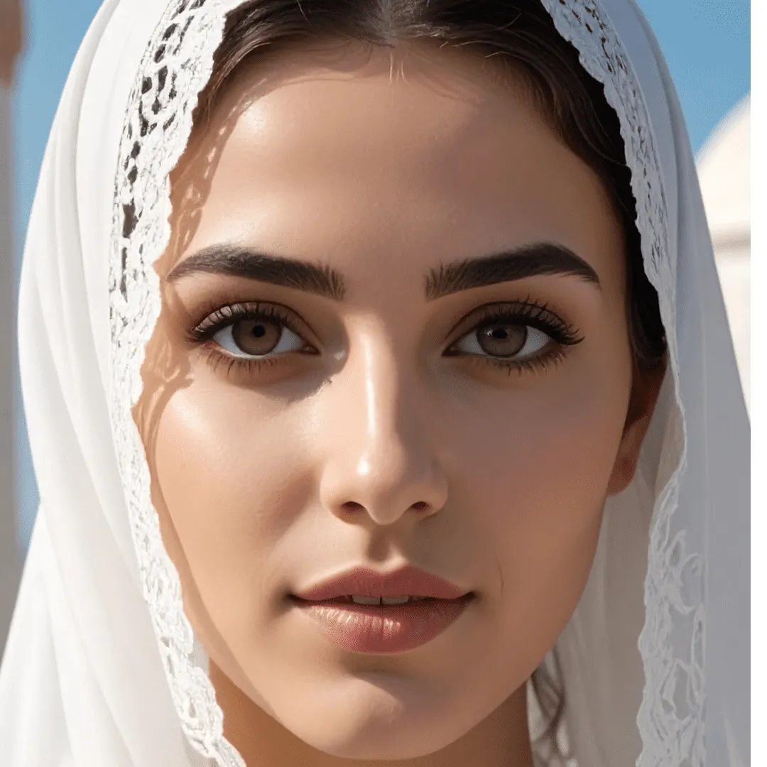 صورة مقرّبة لعيني امرأة ترتدي غطاء رأس أبيض من الدانتيل. صورة توضيحية لجراحة الجفون.