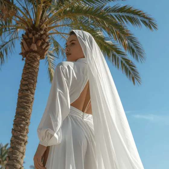 Portrait of a woman in a long white dress and veil, photographed from behind beneath a palm tree.