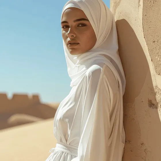 Portrait of a woman in a white dress and headscarf, leaning against a wall in the desert near Abu Dhabi.