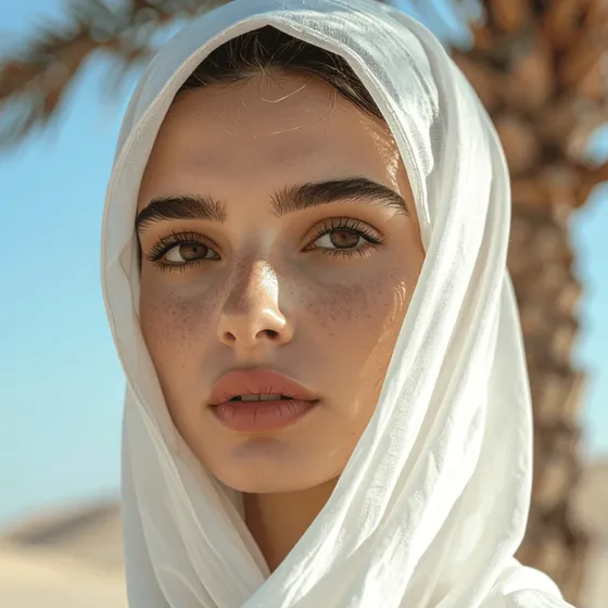 Close-up portrait of a woman wearing a white headscarf, a palm tree behind her.