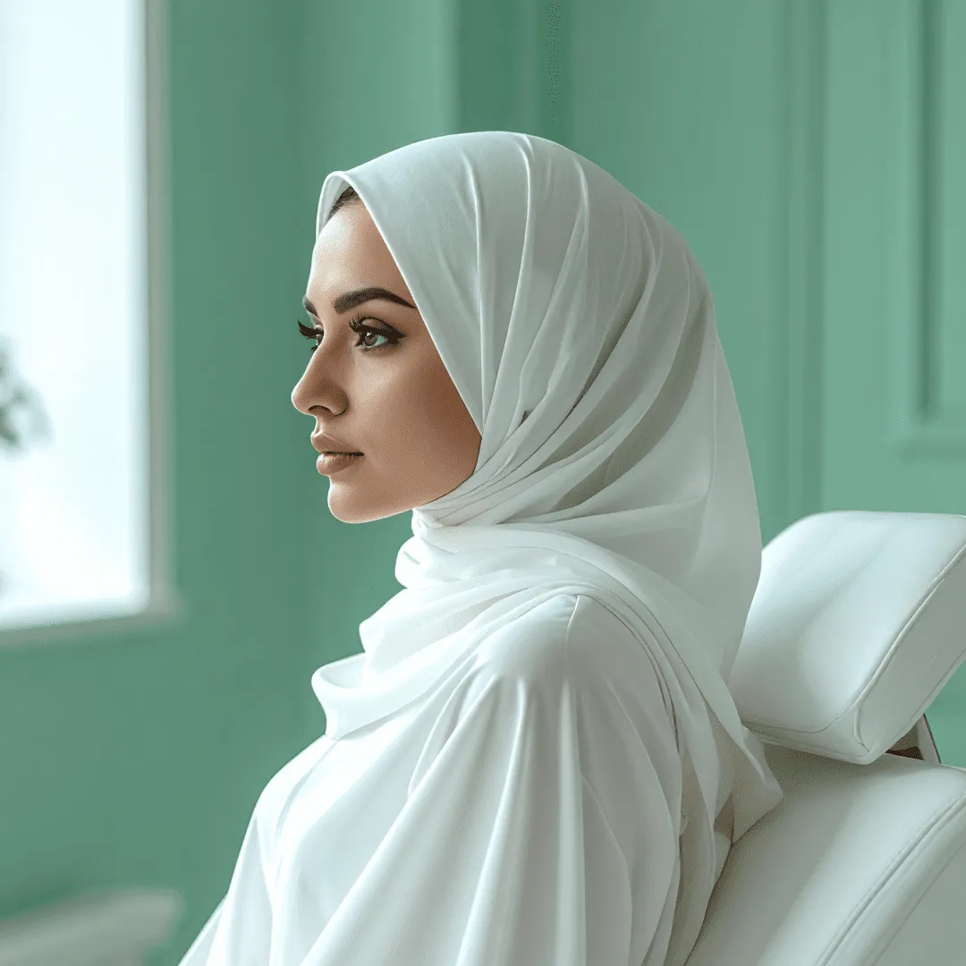 صورة جانبية لامرأة ترتدي غطاء رأس أبيض جالسة على كرسي العلاج. صورة توضيحية لعلاج الفيلر الجلدي.