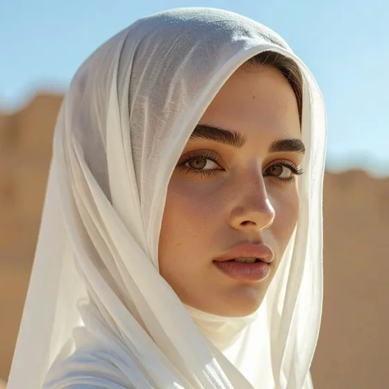 Close-up portrait of a woman wearing a white headscarf, photographed in the desert near Abu Dhabi.