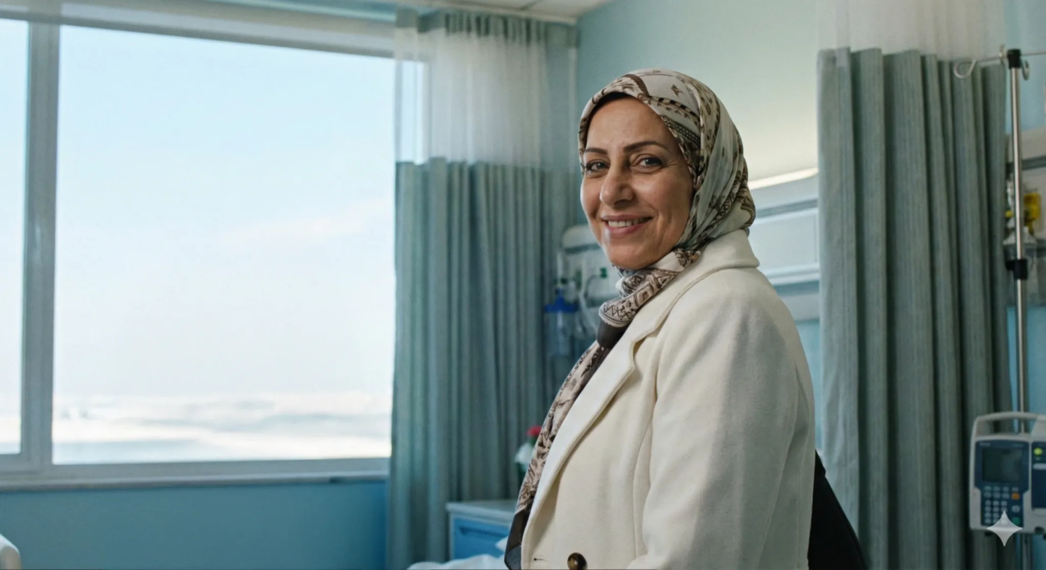 صورة لامرأة ترتدي غطاء رأس مزخرفًا ومعطفًا كريميًا تقف قرب نافذة في غرفة بالمستشفى. صورة توضيحية للترميم باللديدة.