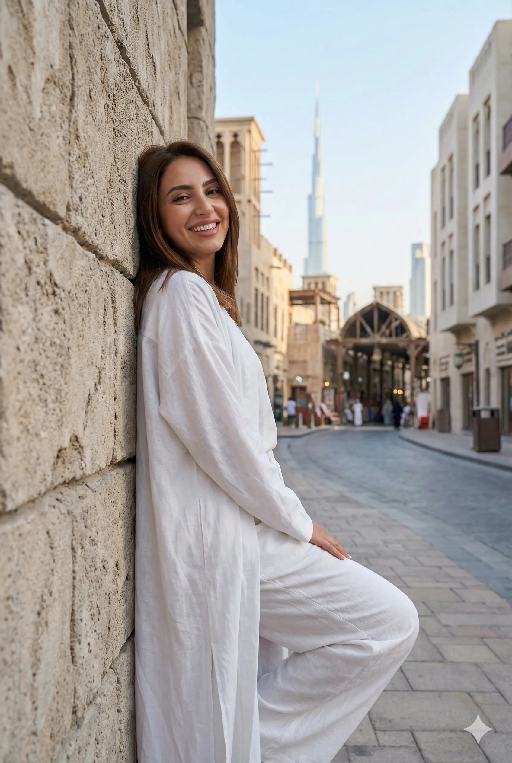 صورة لامرأة ترتدي ملابس بيضاء في شارع تاريخي في الإمارات. صورة توضيحية لجراحة تجميل الثدي.
