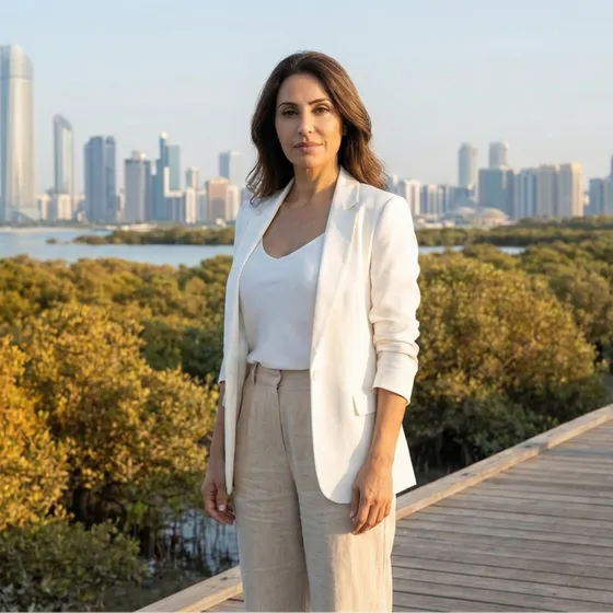 Portrait of a woman on the mangrove boardwalk in Abu Dhabi, the city skyline behind her.