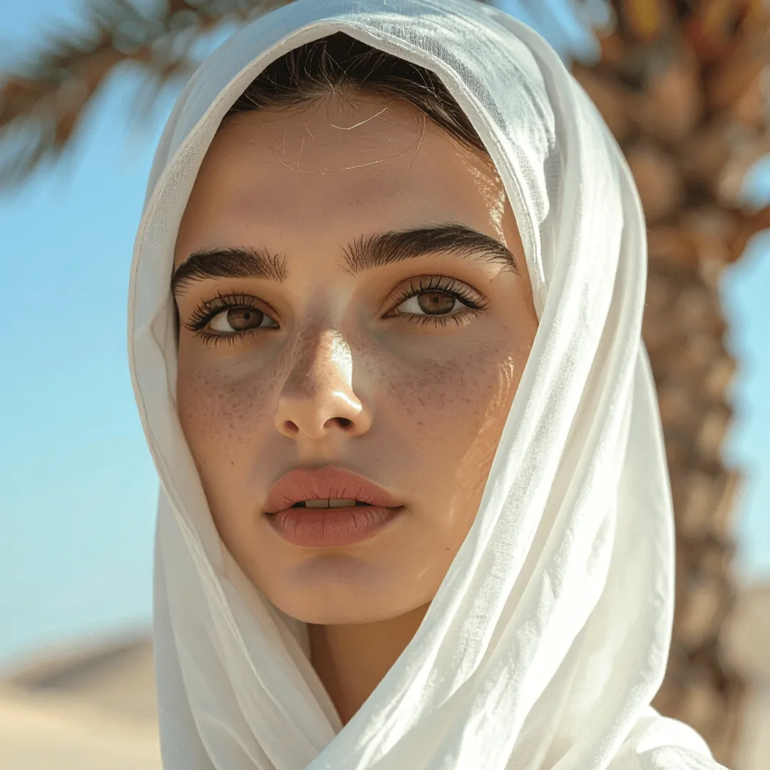 صورة لامرأة ترتدي غطاء رأس أبيض في أبوظبي. صورة توضيحية لاستشارة الطب التجميلي.