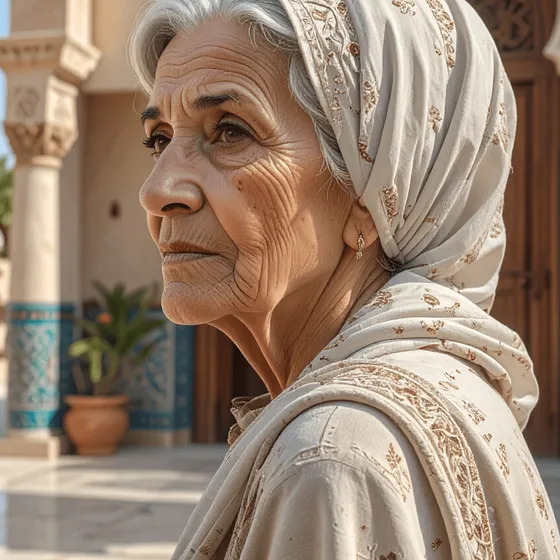 Portrait of an older woman in profile wearing an embroidered headscarf, in a courtyard in Abu Dhabi.
