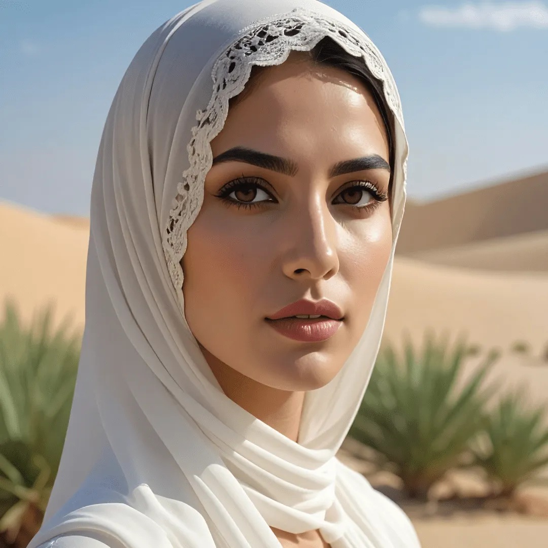 صورة لامرأة ترتدي غطاء رأس أبيض في الصحراء قرب أبوظبي. صورة توضيحية لجراحة تجميل الوجه.