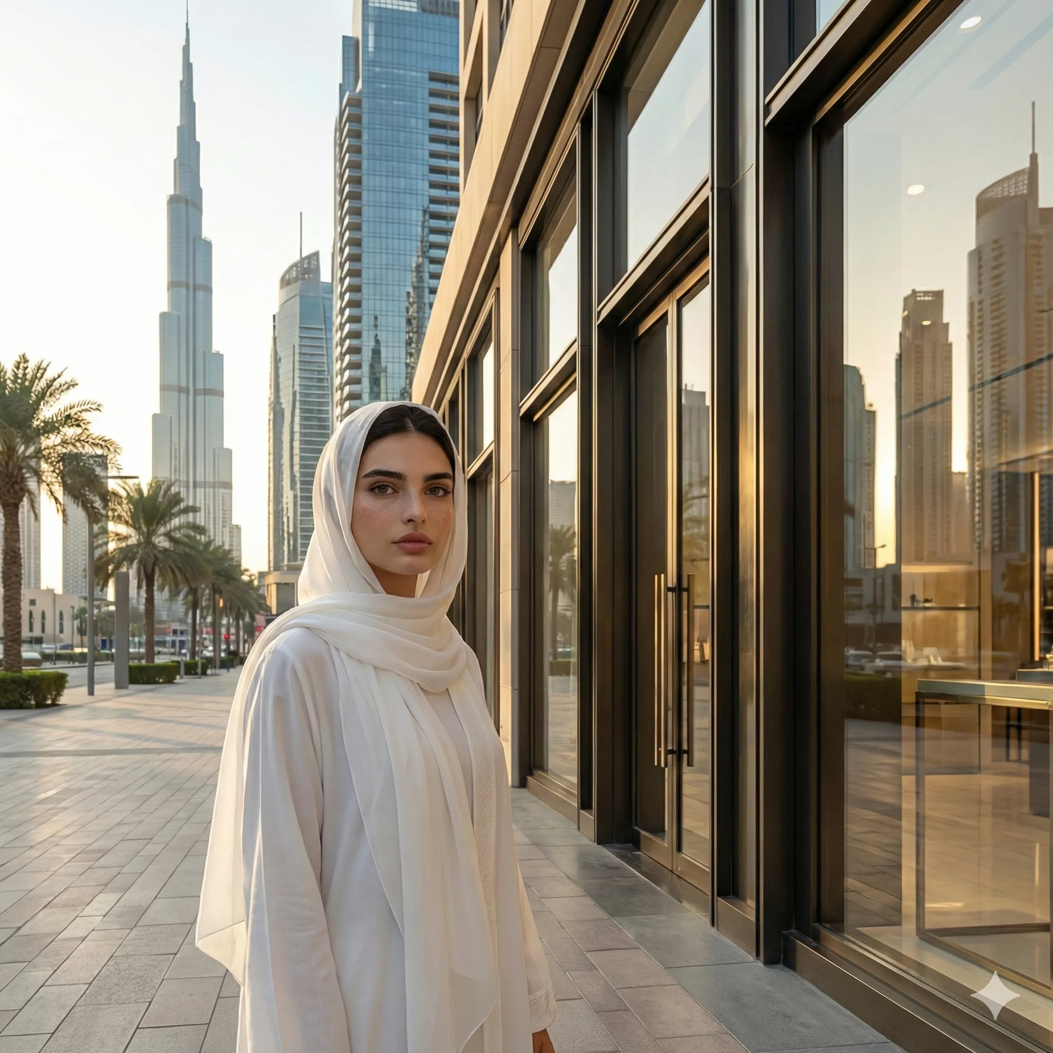 صورة لامرأة ترتدي ثوبًا أبيض في شارع بالإمارات عند الغروب وخلفها أبراج. صورة توضيحية للترميم بالغرسة.