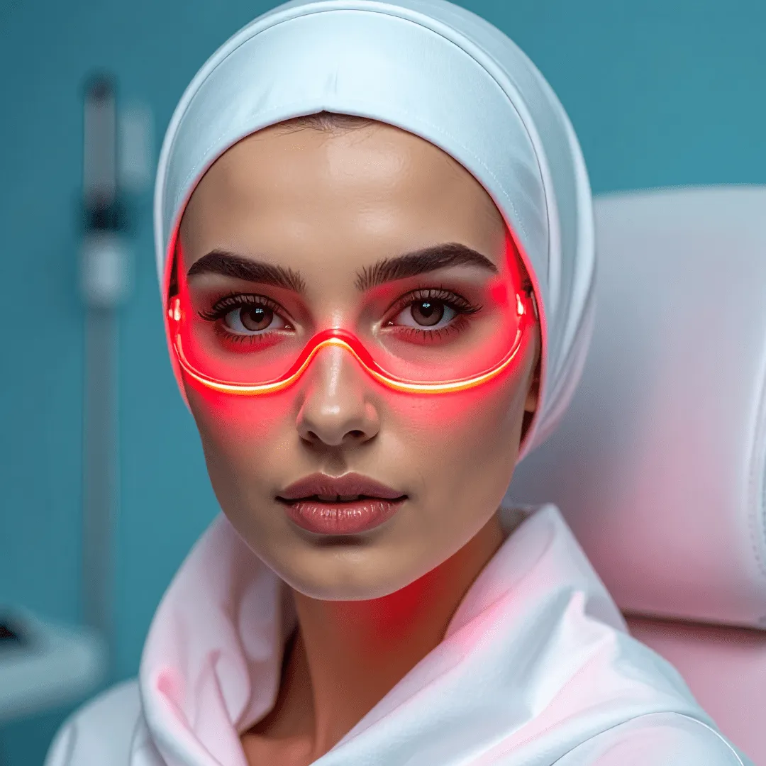 امرأة ترتدي غطاء رأس جراحيًا ونظارة واقية تصدر ضوءًا أحمر خلال جلسة LED. صورة توضيحية للتحفيز الضوئي.