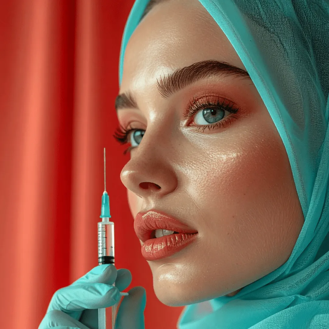 يد بقفاز طبي تحمل حقنة بجانب وجه امرأة ترتدي غطاء رأس فيروزي. صورة توضيحية للميزوثيرابي.