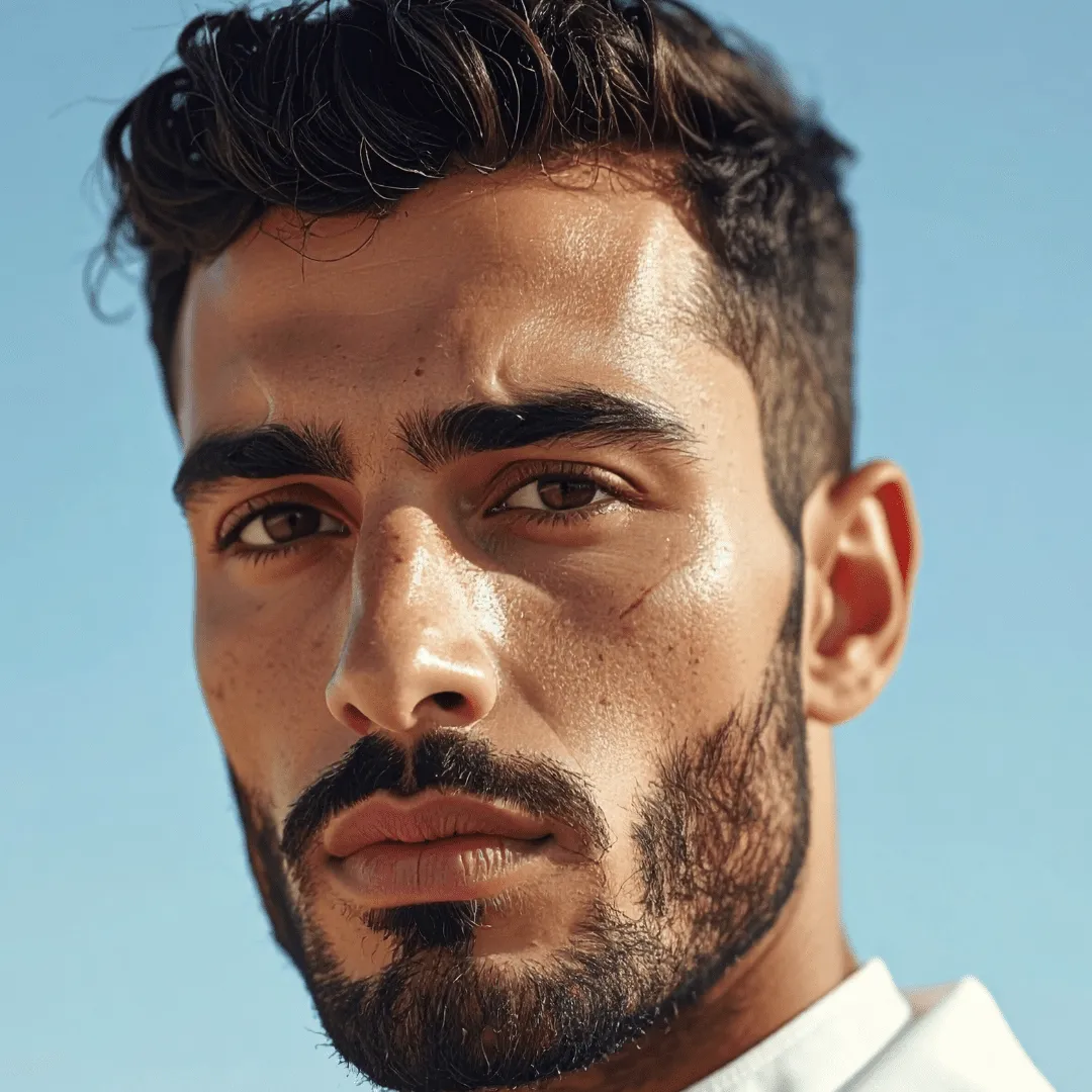 صورة لشاب أمام سماء زرقاء وتظهر علامة خفيفة على وجنته. صورة توضيحية لعلاج آثار إصابات الوجه.