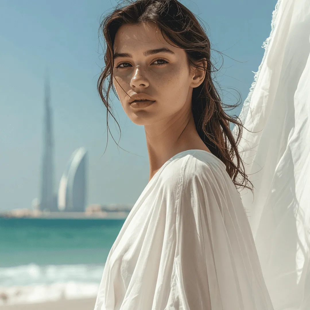 صورة لامرأة ترتدي ثوبًا أبيض فضفاضًا على الشاطئ وخلفها الساحل. صورة توضيحية لمراجعة ترميم الثدي.