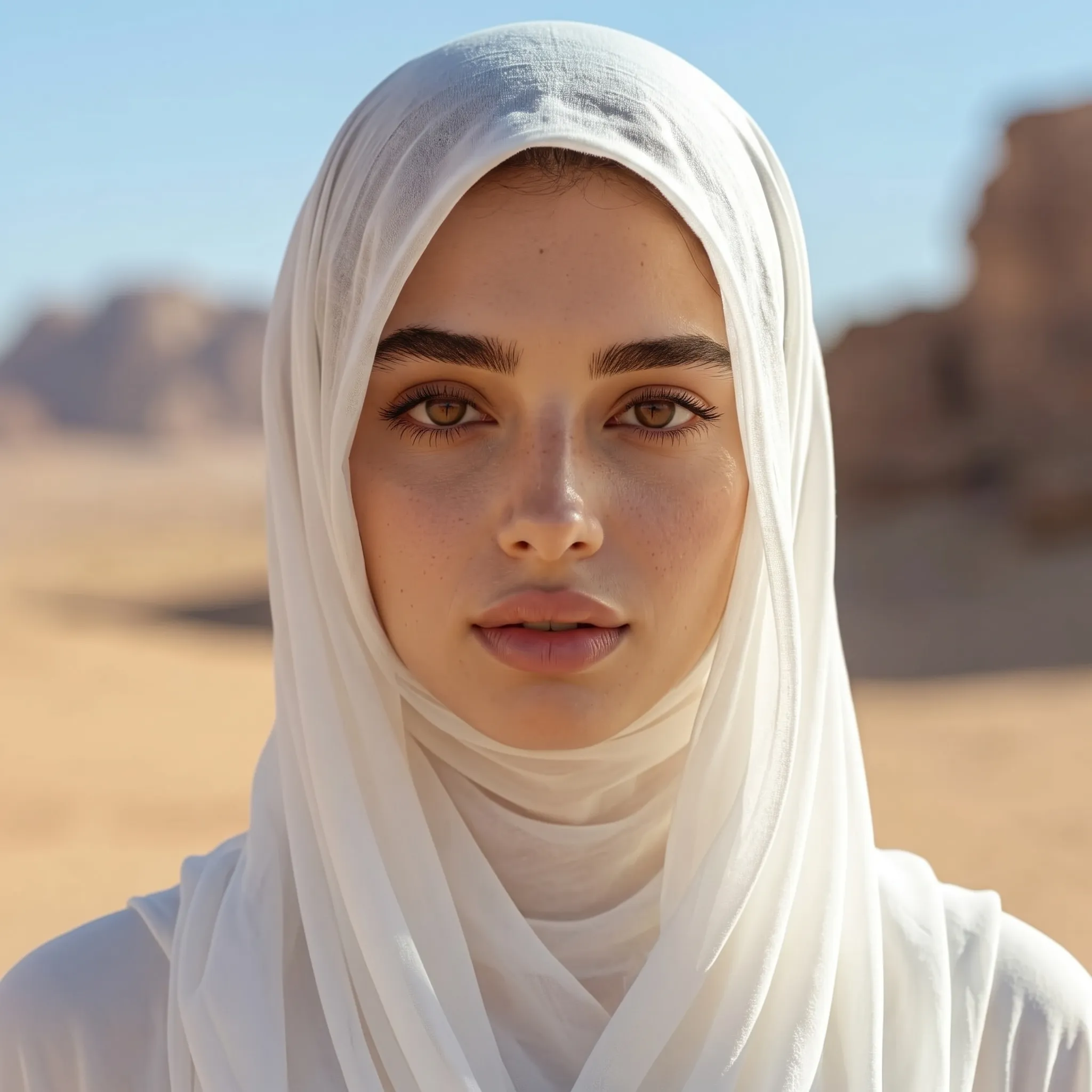 صورة أمامية لشابة ترتدي غطاء رأس أبيض في الصحراء وخلفها تكوينات صخرية. صورة توضيحية لتجميل الأنف.
