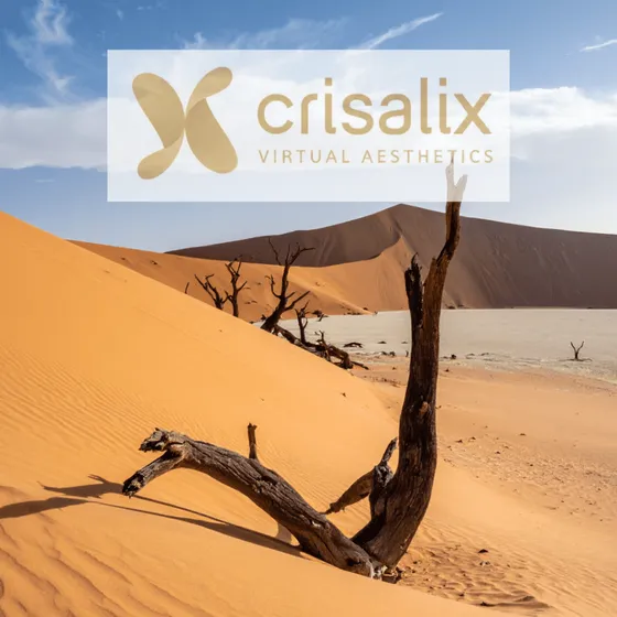 Desert dunes with bare trees, overlaid with the Crisalix Virtual Aesthetics logo.